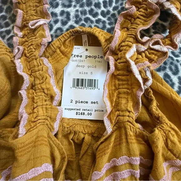 Free People Eva Embroidered Pants Set Deep Gold NWT Size Small